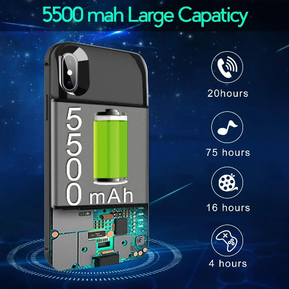 For iPhone X/XR/XS/XS Max Qi Wireless Charging Battery Case Power Bank Charger Case