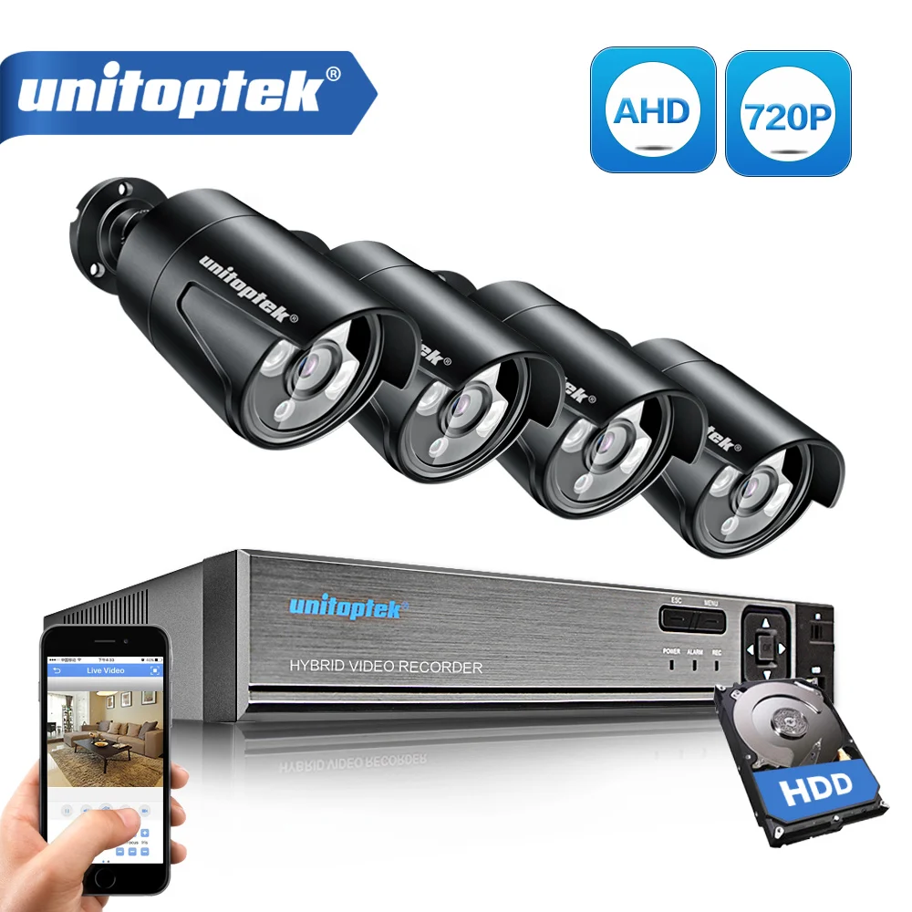 UNITOPTEK 1080N HDMI DVR 1200TVL 720 P HD AHD камера комплект Открытый безопасности дома Камера Системы 4CH CCTV камера видеонаблюдения комплект