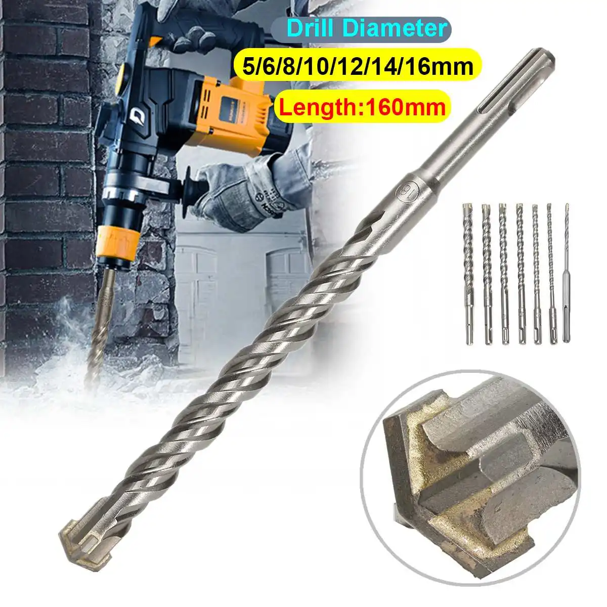 

160mm Concrete Drill Bit Double SDS Plus Slot Masonry Hammer Head Tool 5-16mm High Speed White Steel Wrench For Electric Drills