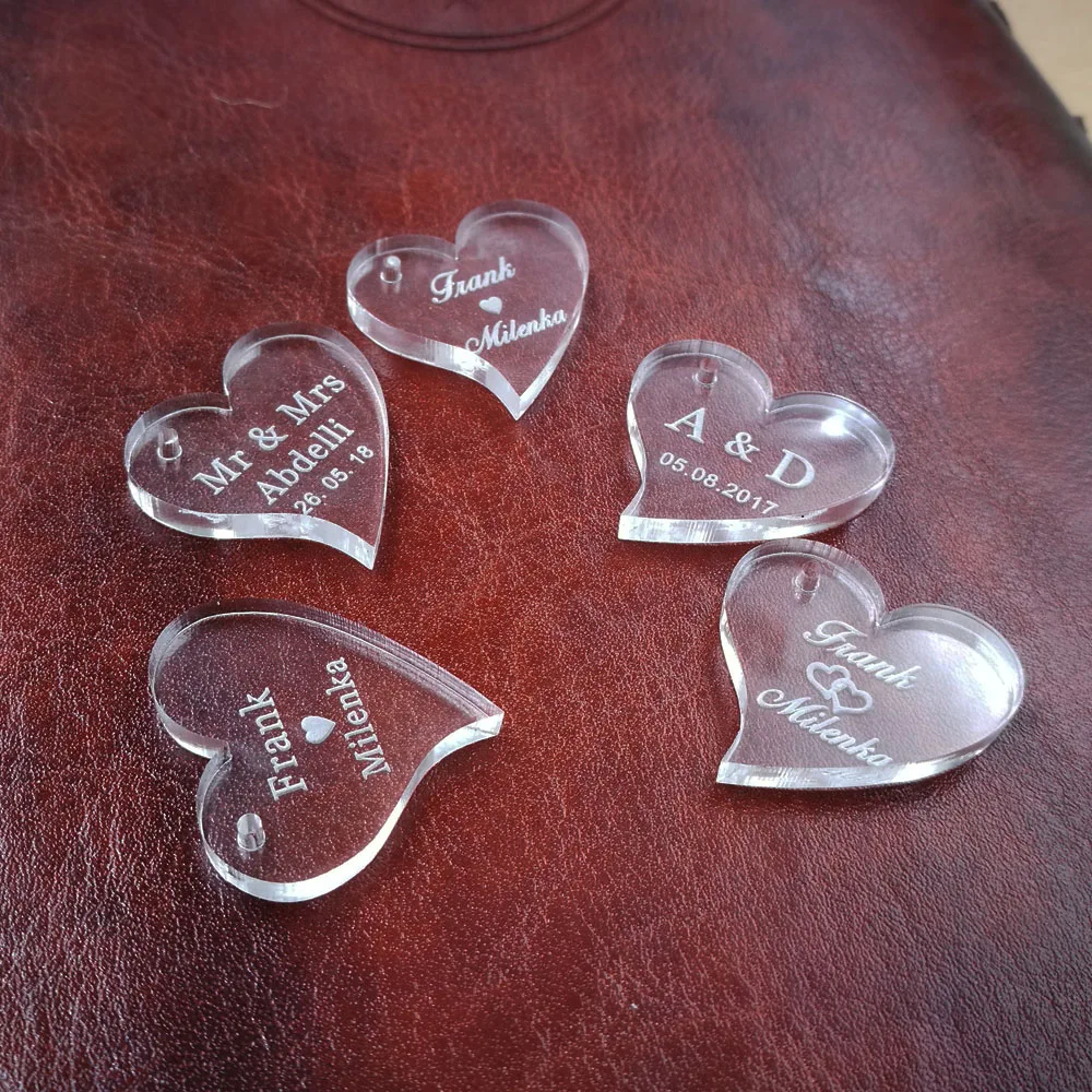 (50pcs)Personalized clear MR & MRS Surname Love Heart Wedding Table Decor Favors Customized Acrylic last name and date hearts1