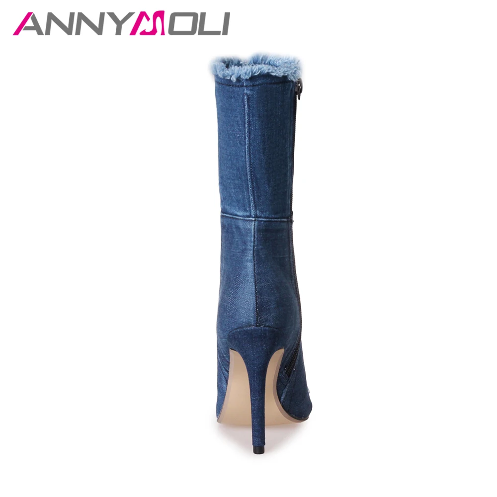 Женские джинсовые сапоги до середины икры ANNYMOLI синие с открытым носком на