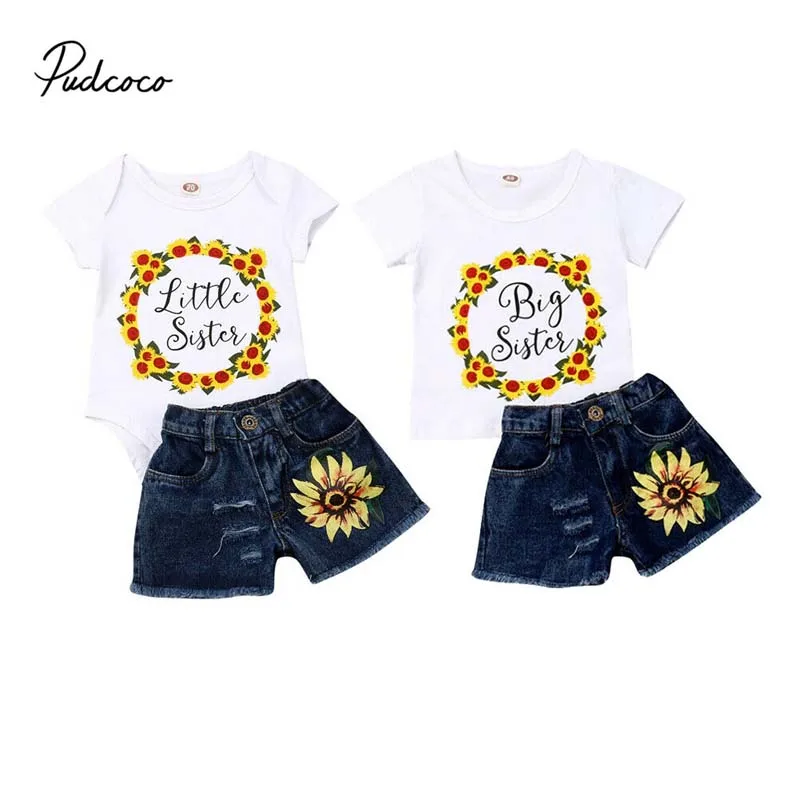 2019 Brand Sister Matching Baby Kids 2Pcs ClothesLittle Rompers Big T-shirt Tops Sunflower Denim Pants Outfit Set | Мать и ребенок