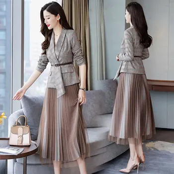 

2020 autumn new casual women's skirt suits Temperament Slim Plaid Jacket Blazer Female half-length pleated skirt two-piece suit