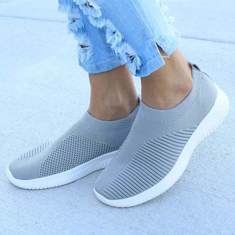 Aplutent/летние дышащие кроссовки для женщин; трикотажные вулканизированные кроссовки; сетчатые кроссовки без застежки; tenis feminino Zapatos - Цвет: Gray