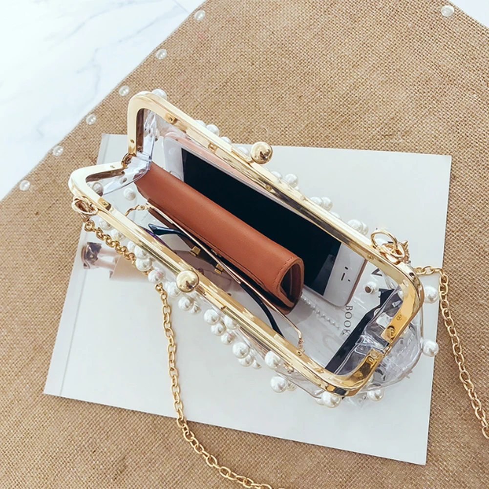 2018 Fashion Pearl Transparent PVC Women Messenger Bag Mini Hologram Laser Chains Shoulder Bag Girls Small Clutch Crossbody bags