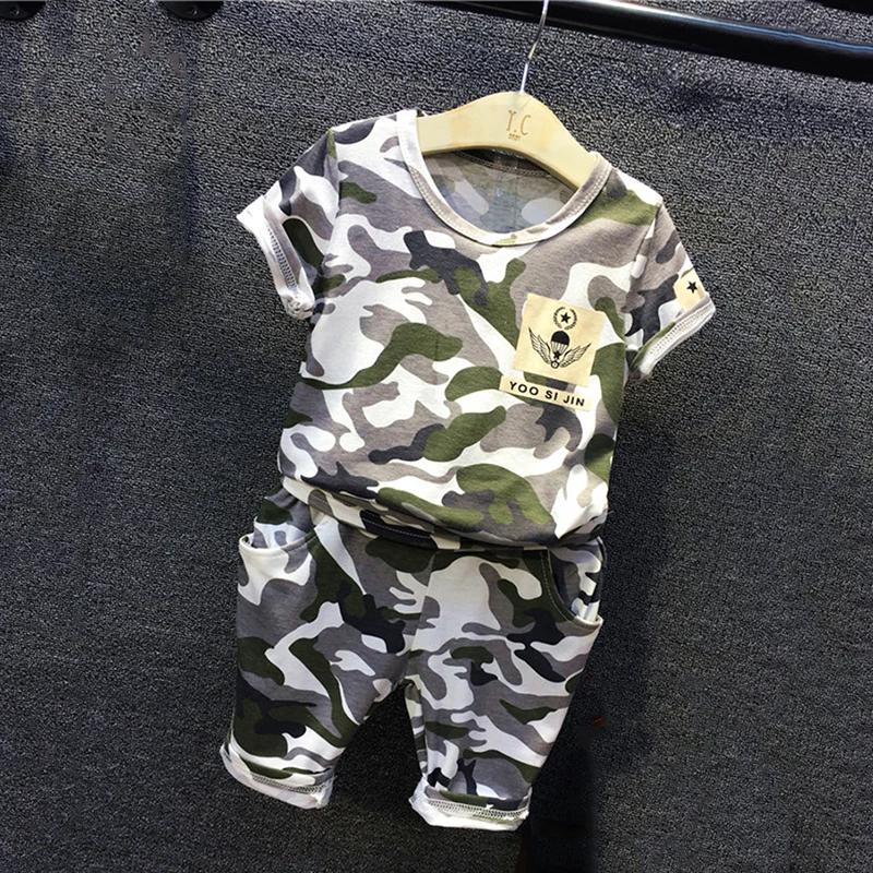

Summer T-shirt Boy Camouflage T Shirt Boys Kids O-neck+Baby Boy Pants Elastic Waist 2 Pieces Casual Boys Clothes 6088Z