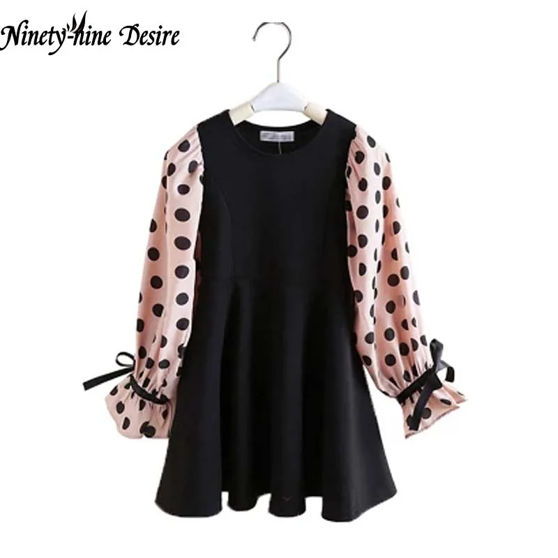 

2018 Autumn New Girls Dress Long Sleeve Dot Print Design Kids Party Clothes Black Sweet Teens Toddler Children Princess Clothing