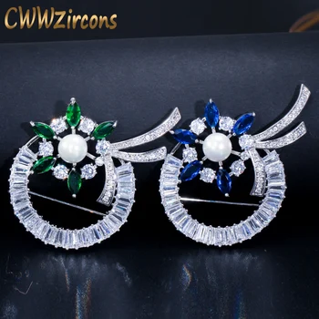 

CWWZircons Brilliant Green and Blue Cubic Zirconia Paved Women Large Beautiful Flower Brooches Pins Jewelry with Pearl BH005