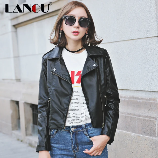 Spring Autumn Pu Leather Jacket Soft Faux Leather Coat Female Slim Black Rivet Zipper Motorcycle