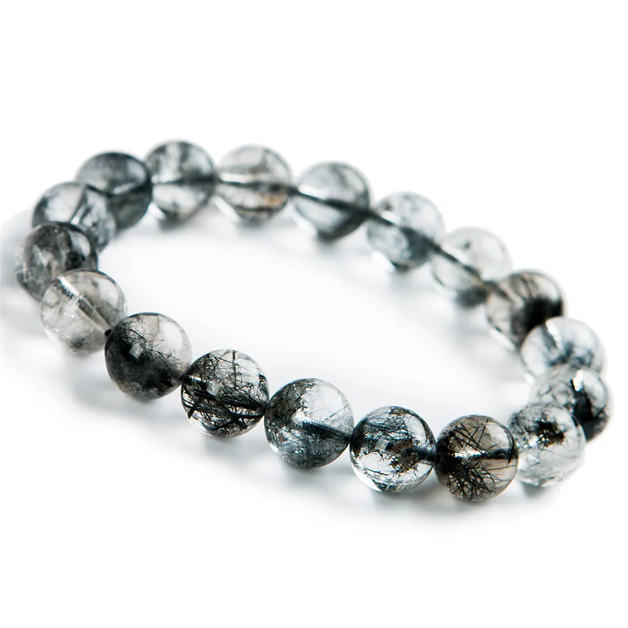 

Brazil Genuine Natural Black Hair Rutilated Quartz Crystal Round Bead Stretch Charm Bracelet 11mm