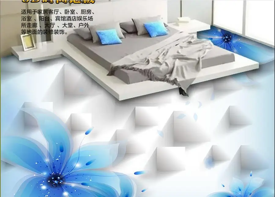 

Fashion vinyl flooring 3d mural wallpaper Blue lily beautiful transparent flowers floor 3d living room 3d wallpaper