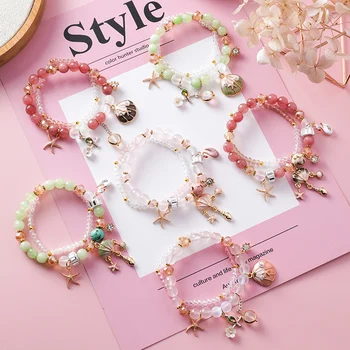 

2019 New Sweet Cute Shell Starfish Flower Red White Stone Layered Charm Bracelets Bangles For Women Beaded Bracelets Jewelry