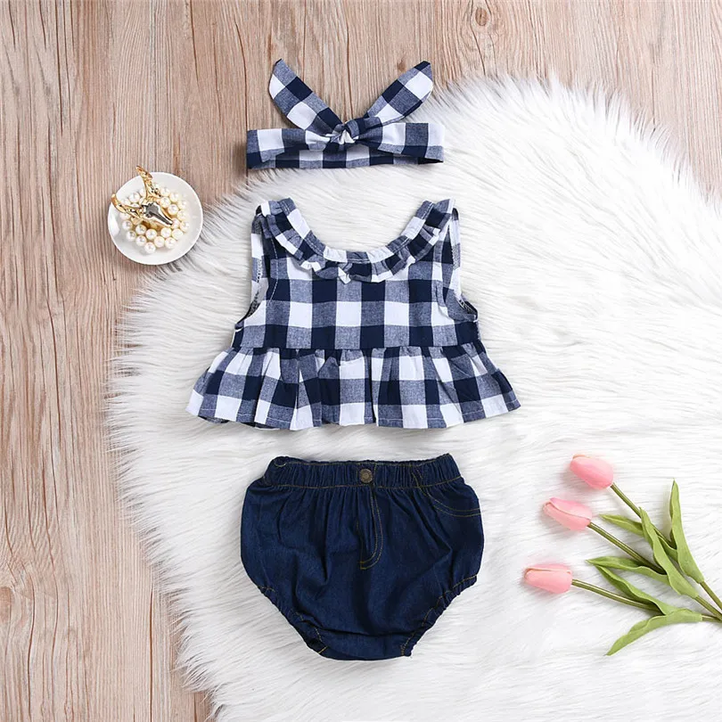2019 New cute Toddler Baby Girl Summer Plaid Skirted T-shirt Tops+Denim Shorts Clothes Set fashion design (9)