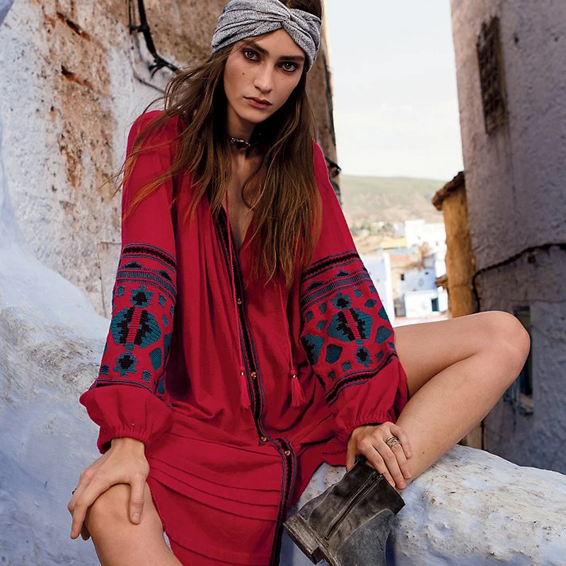 new autumn button o-neck cotton dress bohemian embroidery with button wide fit loose red leisure folk kaftans