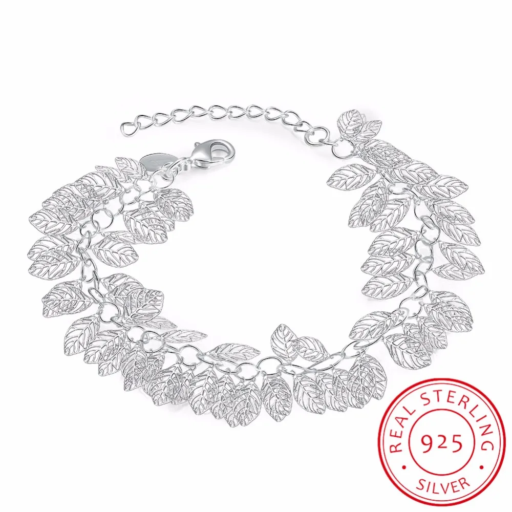 

LEKANI Leaves Cutout Charms Bracelets Fine 925 Sterling Silver With Extender Chains Link Bangles Jewelry One Piece Free Shipping