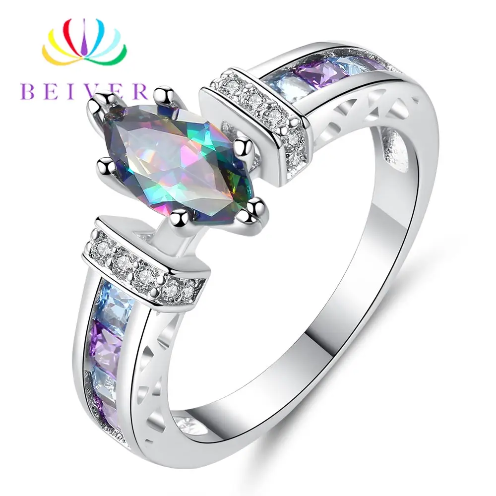 Beiver New Arrival White Gold Color Rainbow Oval Zircon Promise Wedding Bands Rings for Women Party Jewelry Ladies Gifts