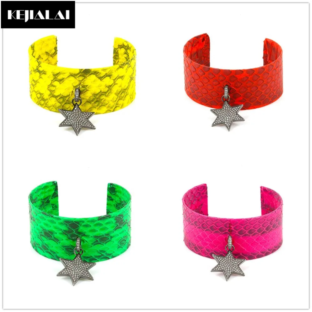 

Python Leather Bangle Star Charm Pave with Rhinestone Zircon Snake Skin Bracelets for Women Luxury Jewelry Punk Style Best Gift