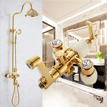 

Brass and Jade Shower Faucet Luxury Brass Rain Shower Set Wall Mount Gold Bathroom Faucet With Slide Bar Bathtub Faucet