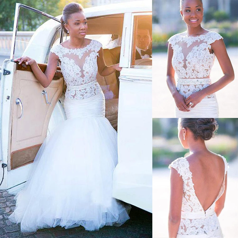 

Delicate Tulle Natural Waistline Mermaid Wedding Dress With Lace Appliques Beading Sash See Through Bridal Dresses