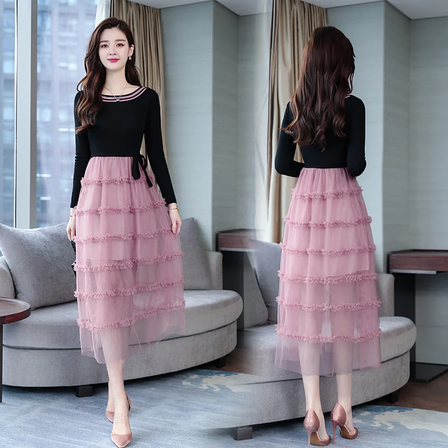 

Spring Summer Vintage Plus Size Sexy Dress 2019 Korean New Pink Chiffon Sundress Elegant Women Bodycon Party Full Sleeve Vestido