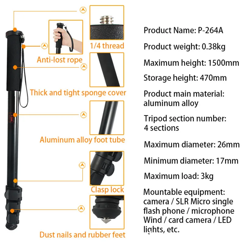  New Portable Lightweight 47Cm Monopod Aluminum Camera Stand Witn Phone Clip For Dslr Camera Video