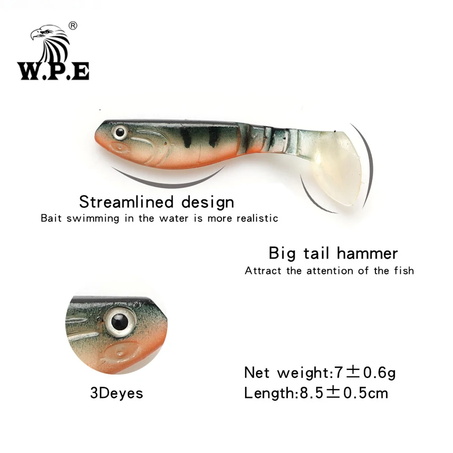 

W.P.E Brand Soft Lure 85mm 6pcs/pack 3D eyes Big T-Tail Artificial Soft Lure Silicone Soft Body Swim Bait Fishing Tackle Wobbler