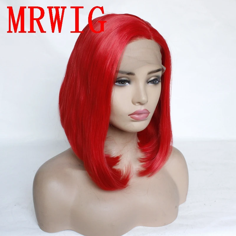 MRWIG 12in Short Bob Synthetic Lace Front Wig Left Side Part Red Hair Color for African American Woman