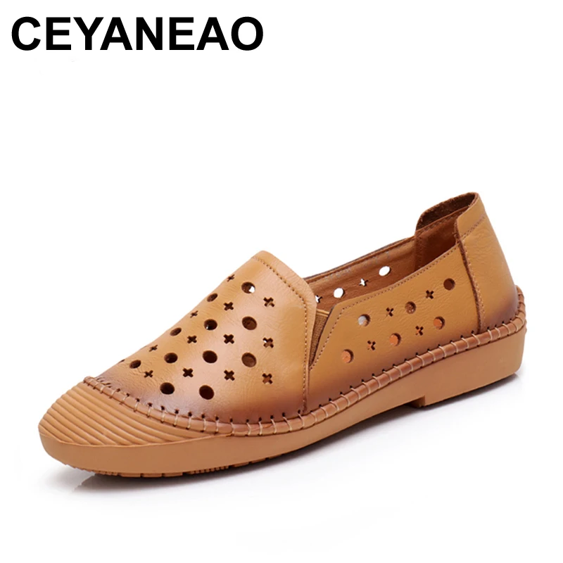 

CEYANEAO Summer Shoes Woman Fashion Genuine Leather Flats Moccasins Comfortable Woman Shoes Sandals Cut-outs Casual Shoes