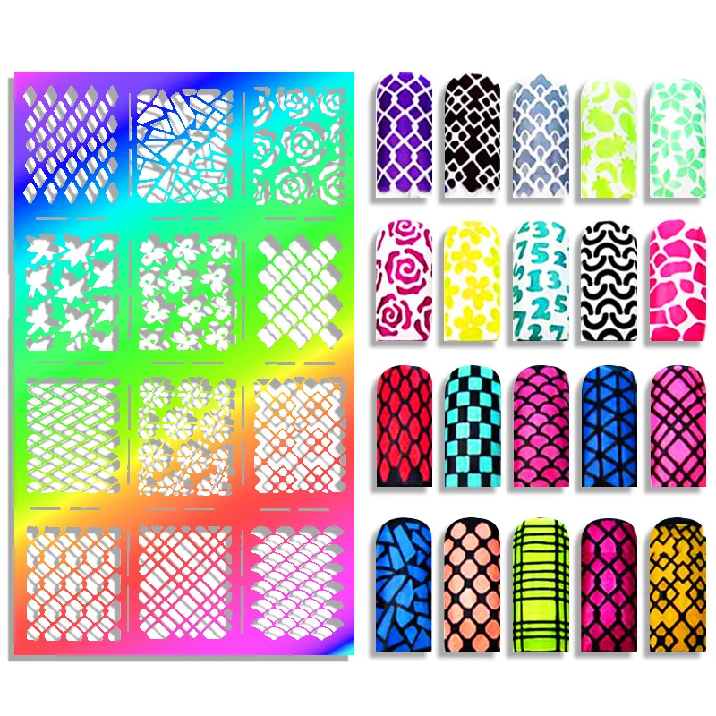 

Non-sticky Silver Laser Color Paper Hollow Nail Art Template Sticker Plaid Wave Rhombus Flower Shape Design Hollow Template LJV