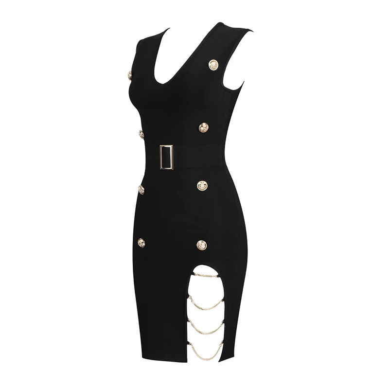 Летнее стильное сексуальное Бандажное платье с v-образным вырезом, пуговицами и черной цепочкой,, дизайнерское модное вечернее платье, Vestido