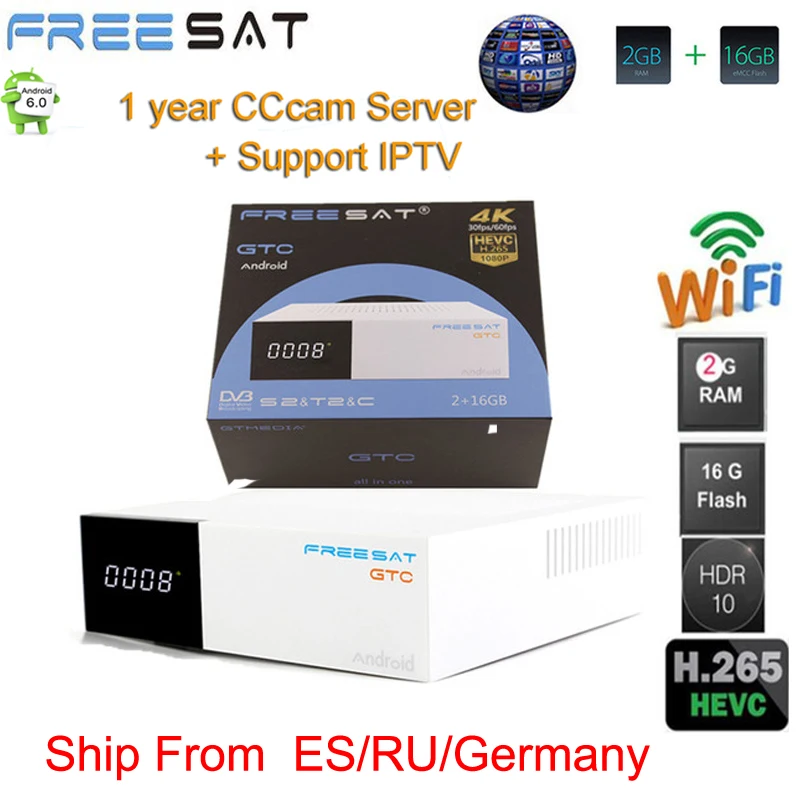 

FREESAT gtmedia GTC Android 6.0 TV BOX DVB-S2/T2/Cable/ISDBT Amlogic S905D 2GB RAM 16GB ROM freesat + 1 year free CCcam gift