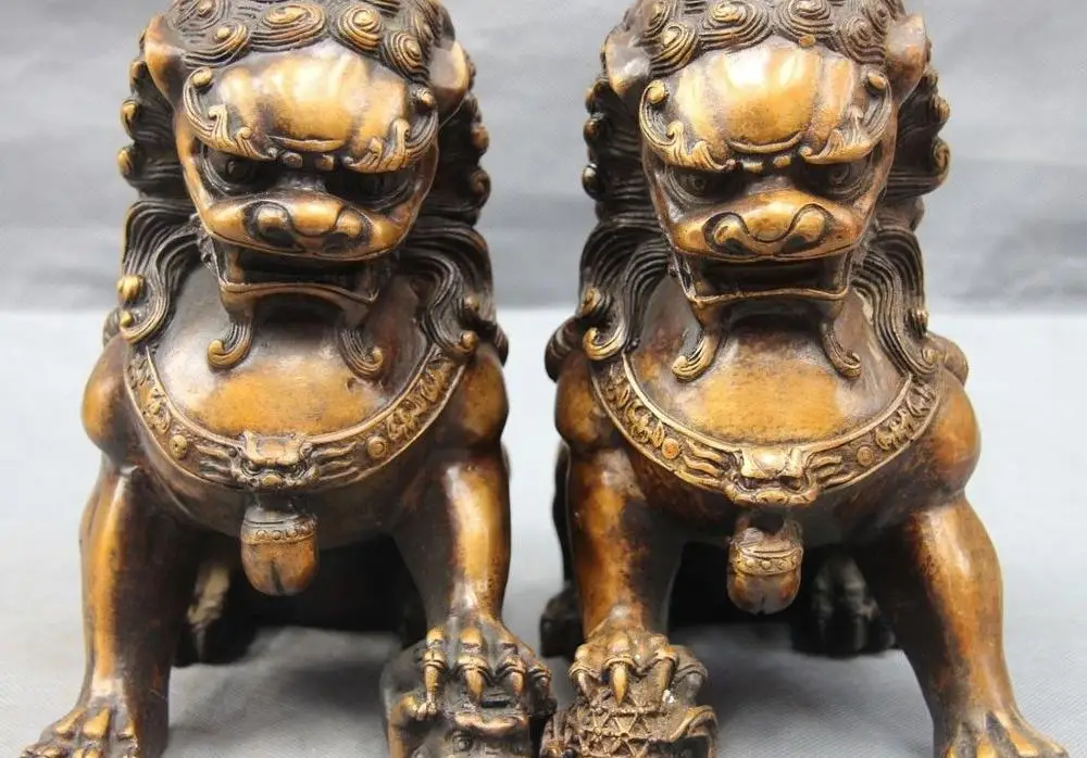 

China Bronze Copper Fengshui Fu Foo Dog Lion Play Bead Son Guardian Door Statue