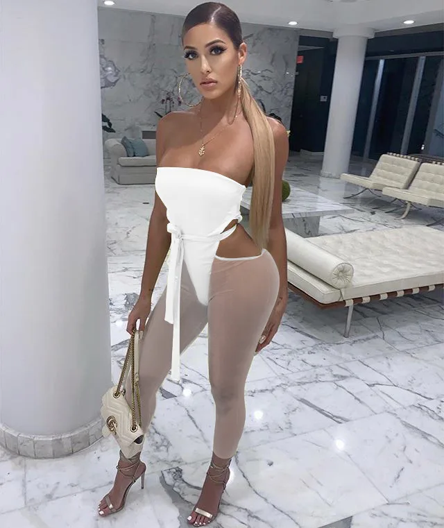 

BKLD Sexy Women Jumpsuit Women Off Shoulder Tube Top Romper Jumpsuits 2019 Summer Hollow Out Mesh Pants Jumpsuit Party Clubwear