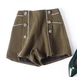 Зима Осень Модные женские с высокой талией, из лоскутов двубортные шерстяные шорты, 2018 тонкие осенние армейские зеленые шерстяные шорты