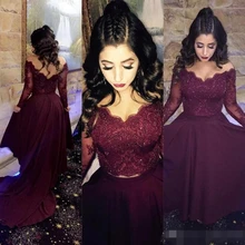 2017 burgund Zweiteiler Prom Kleider Lange Ärmel Spitze Appliques Langes Formales Partei-kleid Weg Von der Schulter Sexy