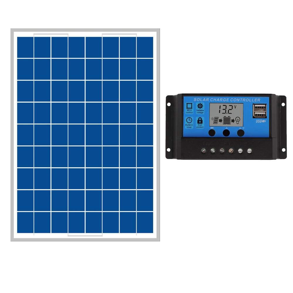 

20W Solar Panels + 10A 12V 24V Solar Controller LCD display small solar home system 18V solar charger 12V battery WY