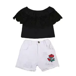 Одежда для маленьких девочек однотонный кружевной топ с открытыми плечами + джинсовые шорты с цветочным принтом комплект одежды из 2