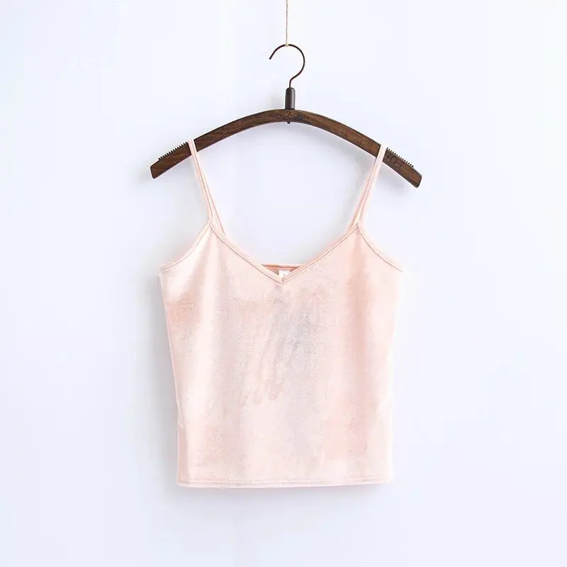 Pink Тонкий сексуальный бархатный женский короткий топ на бретельках летняя модная повседневная женская жилетка женская блуза укороченные топы - Цвет: Pink
