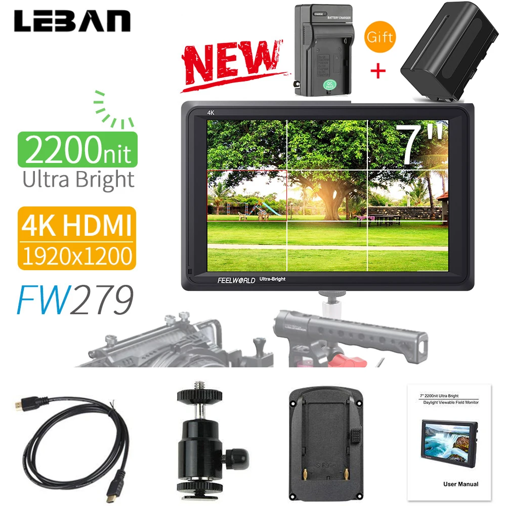 

FEELWORLD FW279 7 Inch Ultra Bright 2200nit Monitor Full HD 4K 1920x1200 HDMI High Brightness with NP750 Battery + Charger