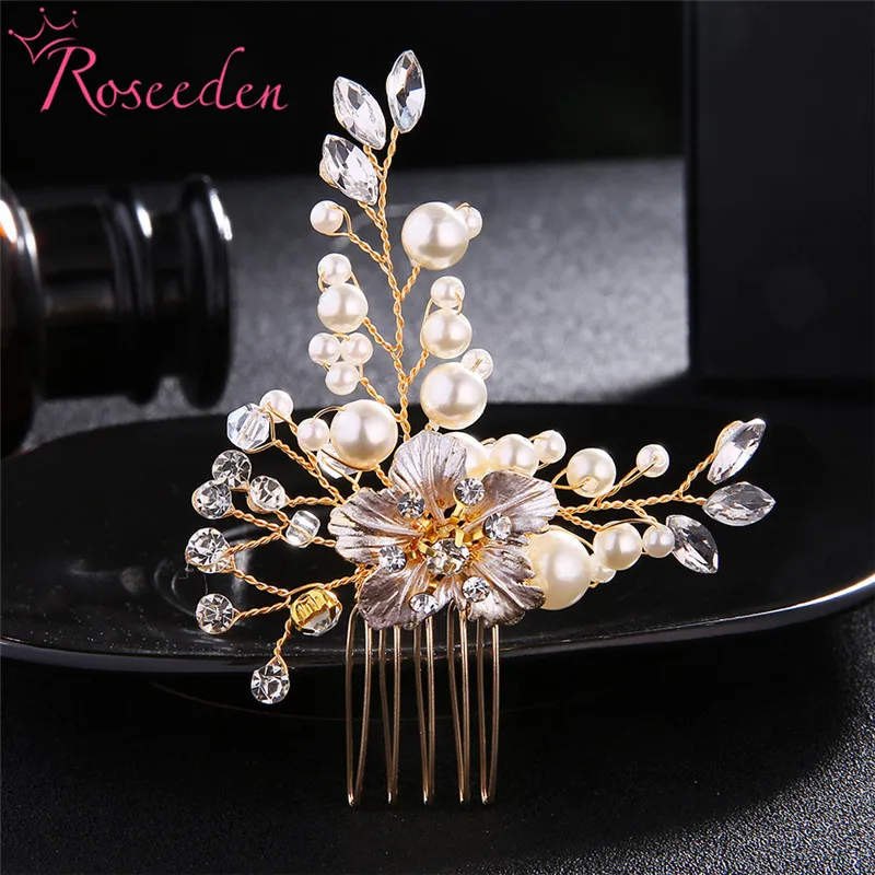 

Gold Elegant Handmade Wedding Hair Combs for Bride Rhinestones Pearls Women Bridal Headpiece Hair Jewelry Accessories RE3381