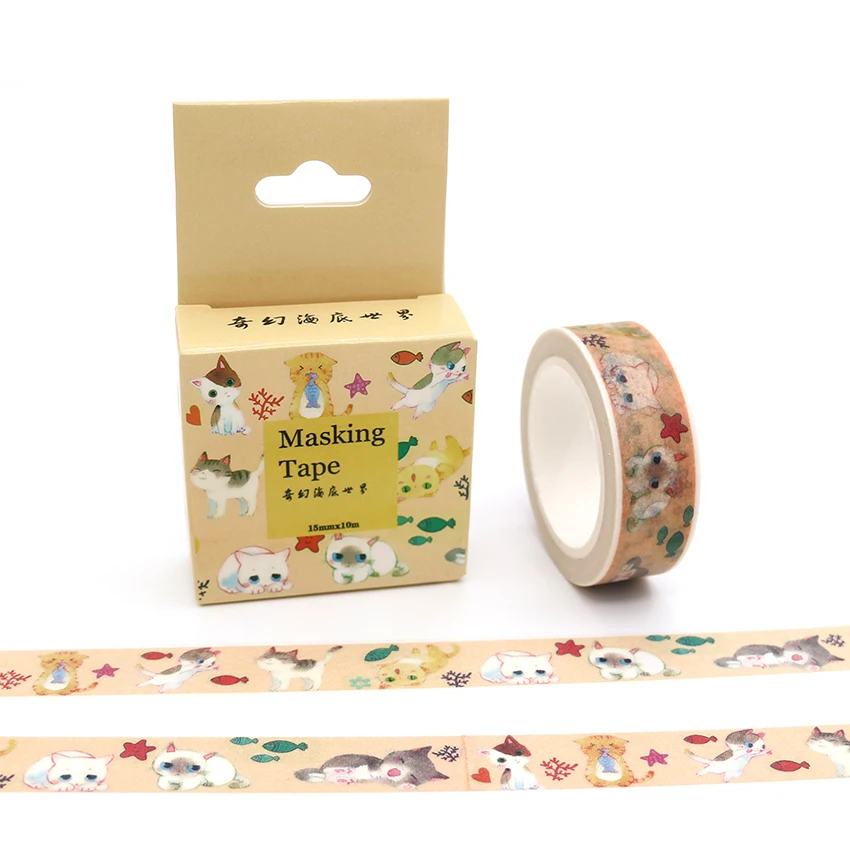 

15mm*10m Box Package Cat And Fantasy Underwater World Washi Tape Masking Tape Decorative Scrapbooking Adhesive DIY Sticker Label
