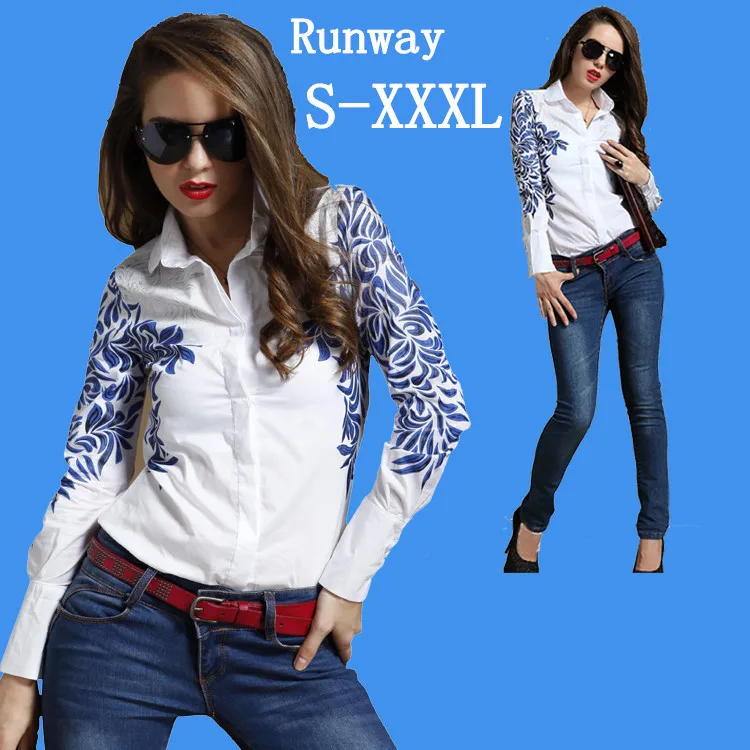 Новинка 2014 Европейский Стильный женский Тотем синий и белый фарфор дамы топы