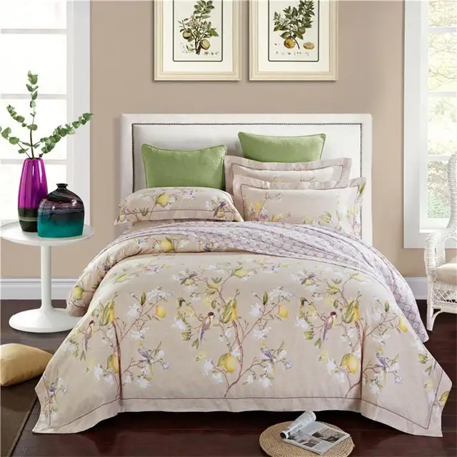 Bright Colored Spring Floral Cherry Blossoms Bedding Sets Queen King Size Cotton Linen Tencel