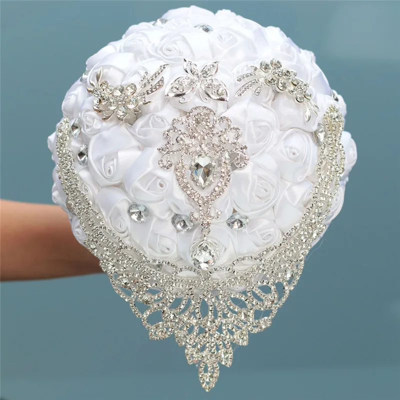 

8 styles new white wedding bride holding flowers artificial bouquet ribbon rhinestone pearl bouquet decoration bride groom dance