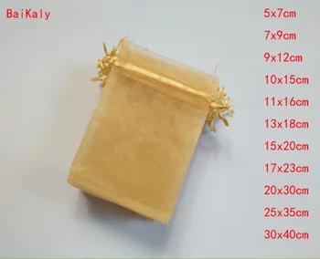 

100pcs/lot Small & Large Gold Organza Bags Candy Gift Bags 11 Size Wedding Party Favor Pouch Christmas Decoration Packaging Bags