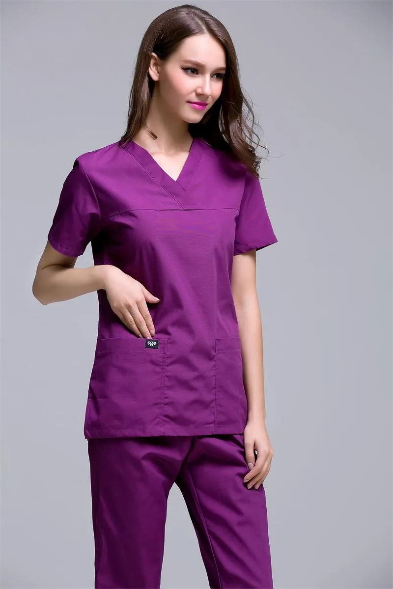 Корейский стиль Slim Fit v-образным вырезом для женщин скраб наборы медицинские доктора медсестры униформа стоматологическая клиника Pet больница Рабочие Комбинезоны лабораторные пальто
