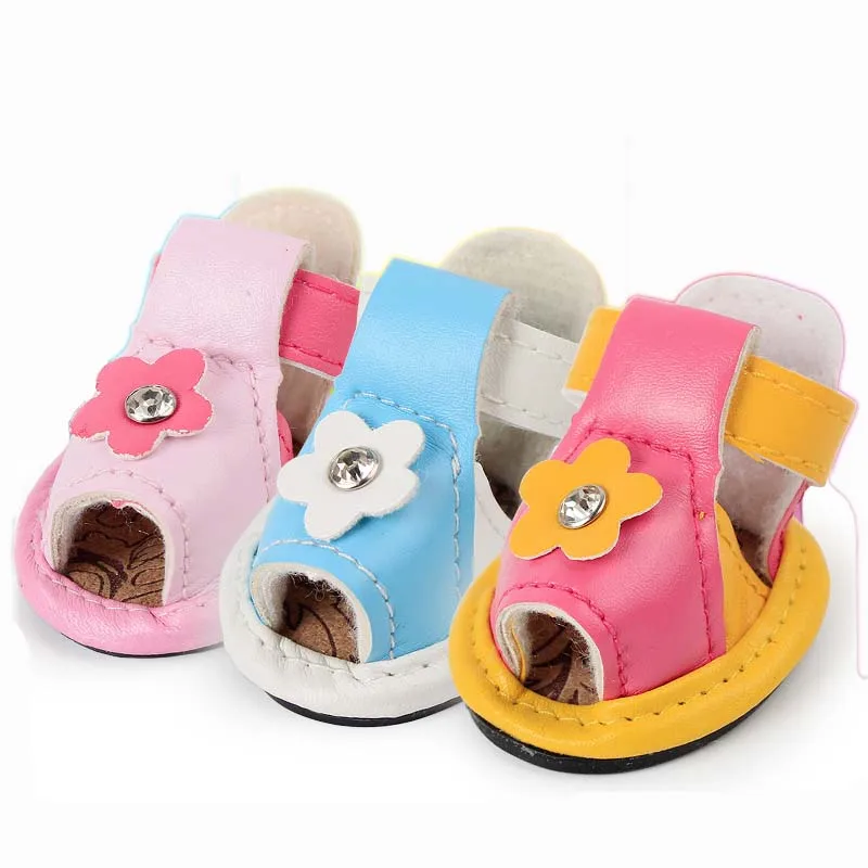 SYDZSW PU Pet Boots Dog Shoes Cute Sunflowers One Diamond Candy Color Pet Summer Sandals Anti Slip Chihuahua Yorkie Dog Accessories 2