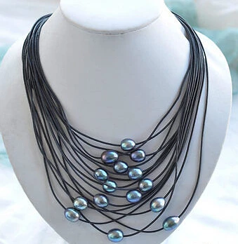 

$wholesale_jewelry_wig$ free shipping 15row 20" 13mm peacock rice freshwater pearl black leather Necklace