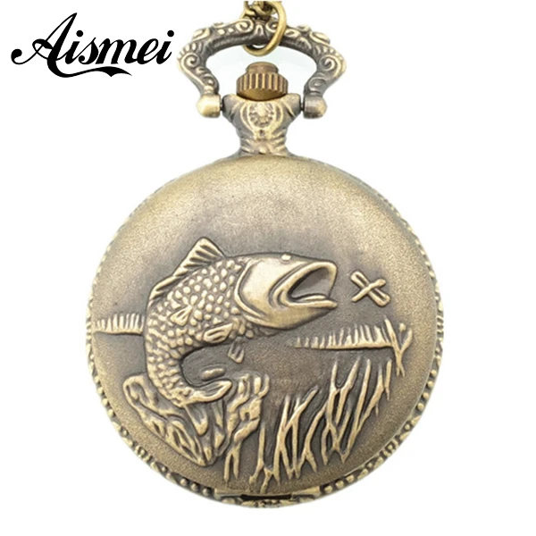 25pcs lot Bronze Fishing Angling Quartz Antique Pocket Watch for
