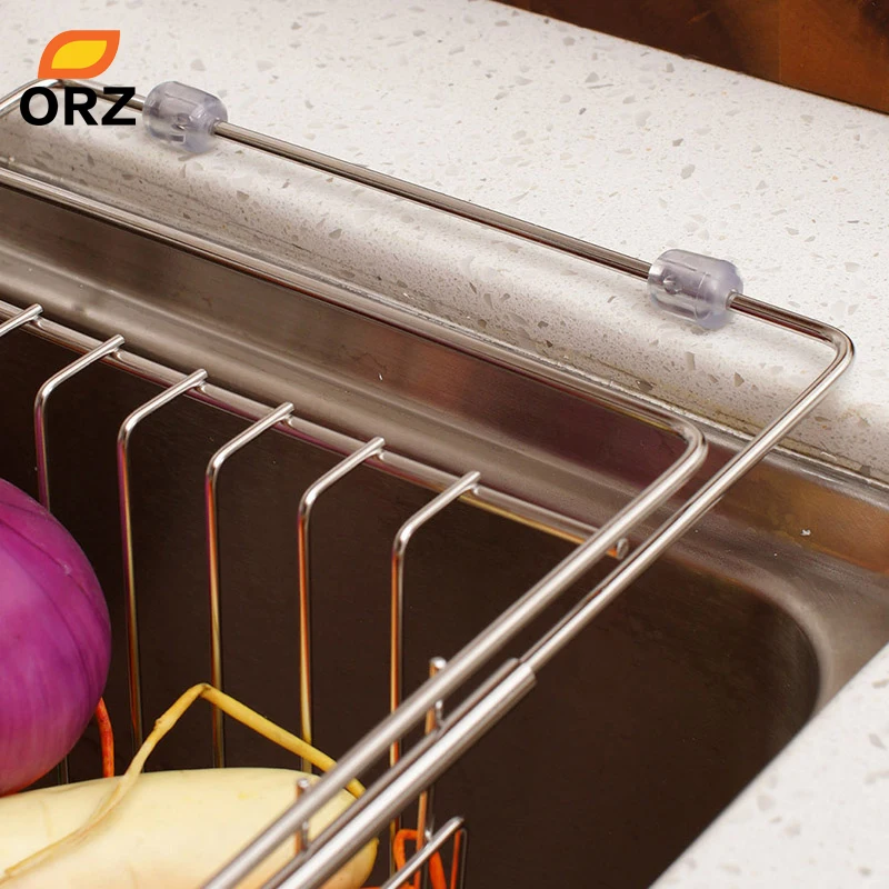 Kitchen Fruits Vegetables Draining Rack Stainless Steel Adjustable In-Sink Dish Bowl Drainer Drying Basket Storage Tray ORZ